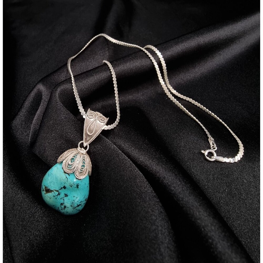 Genuine Turquoise Pendant Necklace China Signed 925 Sterling Silver